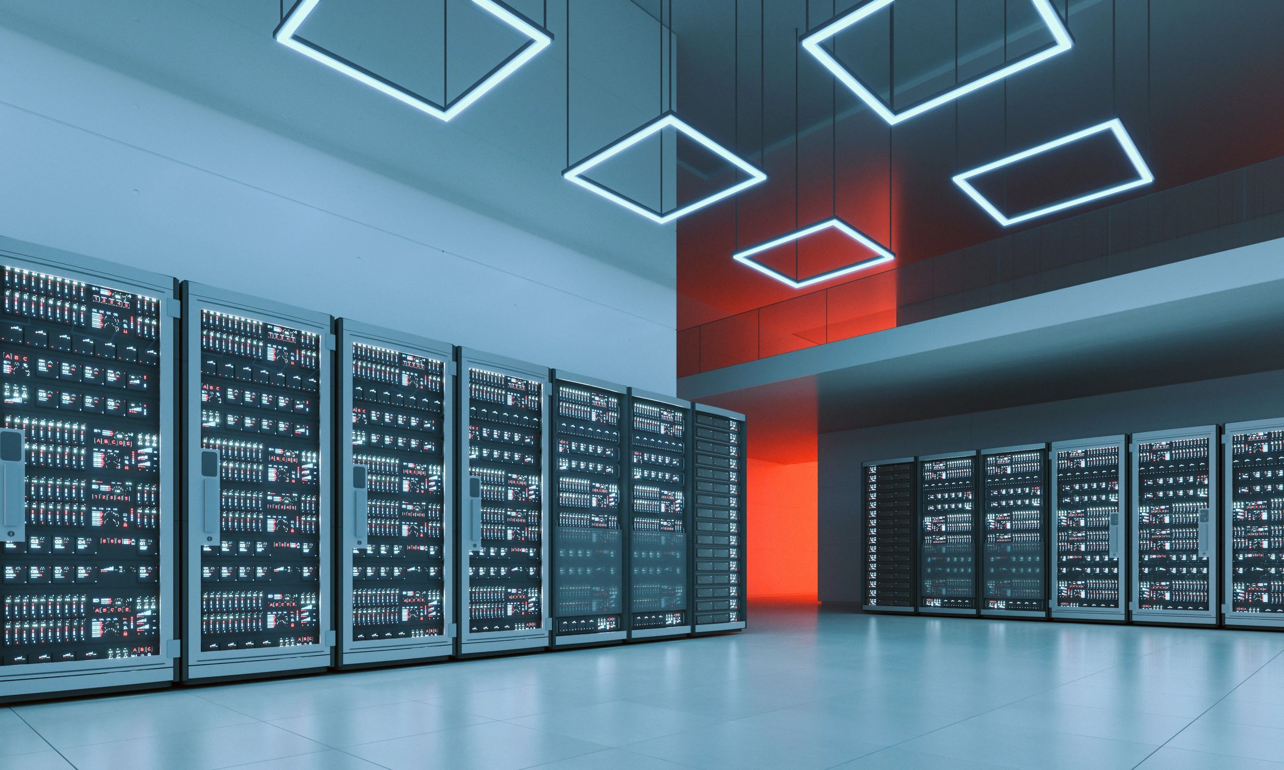 Modern data center server room representing reliable systems and uptime